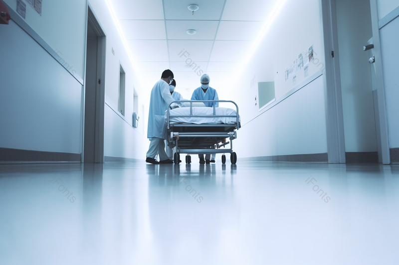 三个医生护士走廊上边推病床边讨论病情,高清,摄影图,摄影图片,图片大全,摄影图免费下载